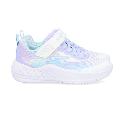 Ténis infantis Skechers lilás, azul e branco com sola branca e fecho em velcro