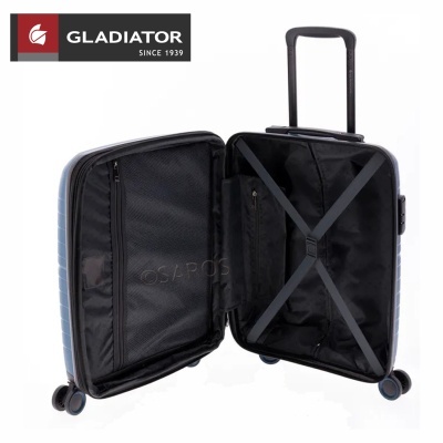 Mala de viagem azul rígida aberta com interior preto e pega telescópica