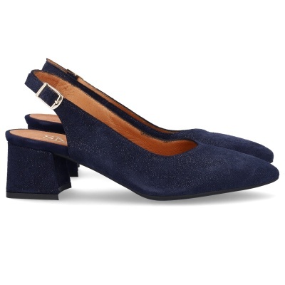 Sapatos de salto médio em camurça azul escuro com fivela prateada
