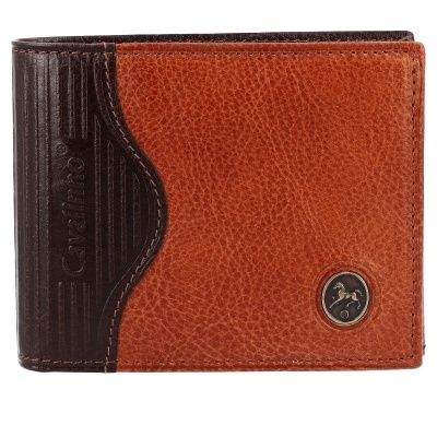 Carteira de couro castanho claro e escuro com emblema de cavalo