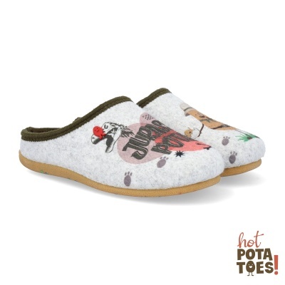 Chinelos de interior com base creme, laterais castanhas e desenhos coloridos com texto 'JUMP FOR IT'.