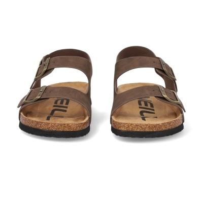 Sandálias castanhas de couro com fivelas metálicas e sola de cortiça