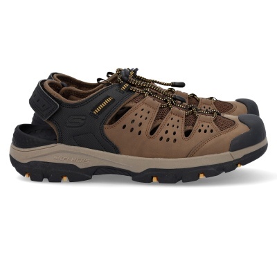 Sandálias masculinas Skechers castanhas e pretas com fecho de cordão