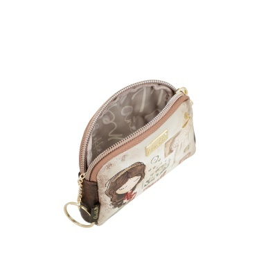 Carteira pequena bege e castanha com ilustração feminina e argola dourada.