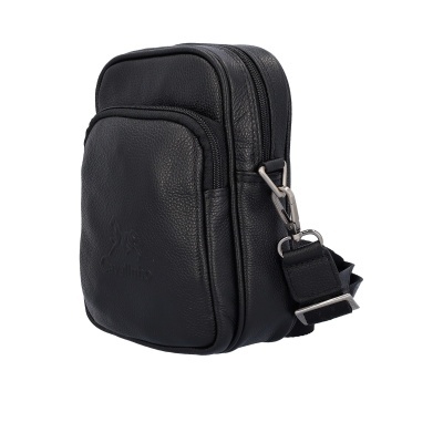 Mala pequena preta em pele com dois compartimentos e alça ajustável