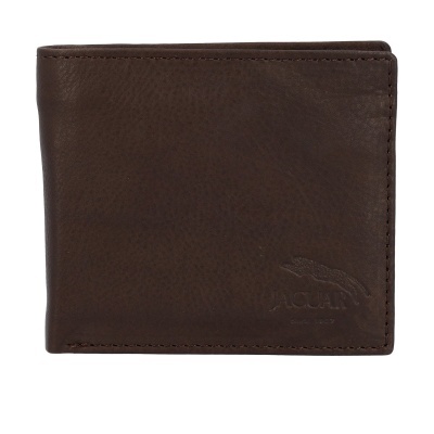 Carteira masculina de pele castanha escura com logo de jaguar em relevo