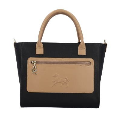 Mala de mão preta e castanha clara com bolso frontal e alças