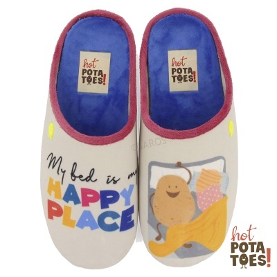 Chinelos de tecido com frase e imagem de batata