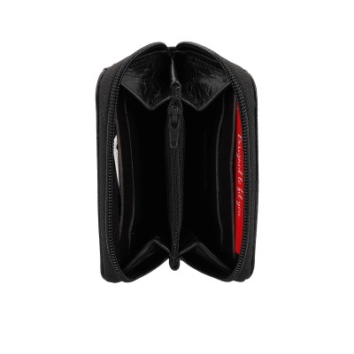 Carteira preta aberta com fecho de zíper e compartimentos internos