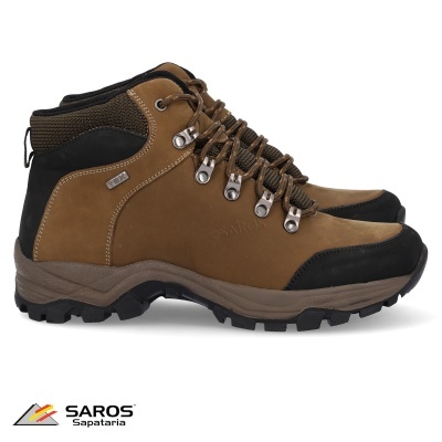 Botas de caminhada castanhas e pretas com atacadores e sola robusta