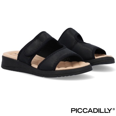 Chinelos de duas tiras pretas com palmilha acolchoada bege e sola preta da marca Piccadilly