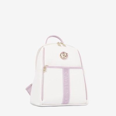 Mochila branca com detalhes lilás e logótipo dourado em fundo branco