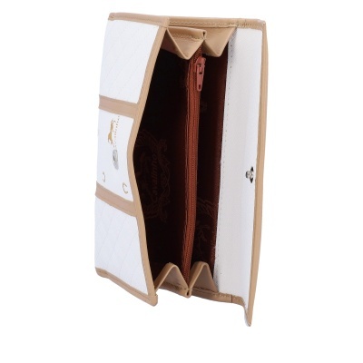 Carteira feminina branca com acabamento castanho claro e interior castanho