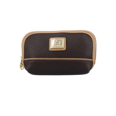 Carteira pequena castanha escura com bordas e linhas bege e placa dourada Avalinho