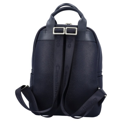 Mochila azul escuro com alças ajustáveis em tecido azul e fivelas metálicas