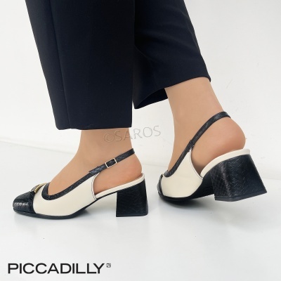 Sapatos de salto médio preto e creme com textura croco e tira ajustável no calcanhar