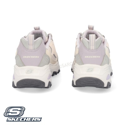 Ténis Skechers femininos cinza, bege e lavanda vistos de trás