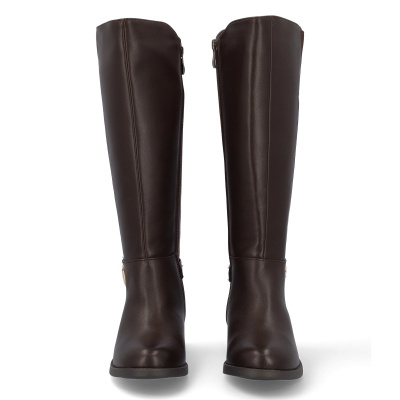Botas altas femininas de couro marrom escuro com zíper lateral