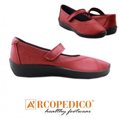 Sapatos vermelhos Arco Pedico com sola preta e tira de velcro