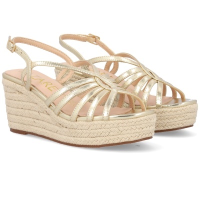 Sandálias de cunha douradas com tiras finas e sola de corda