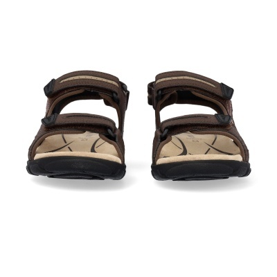 Sandálias castanhas com tiras de velcro e sola preta vista frontal