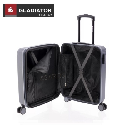 Mala de viagem cinzenta rígida aberta com alça extensível e quatro rodas