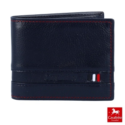 Carteira masculina em couro preto com costura vermelha e detalhes coloridos