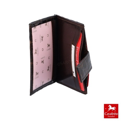 Carteira em pele preta com interior rosa e castanho e padrão de cavalos, aberta com cartão 'Donald Duck'