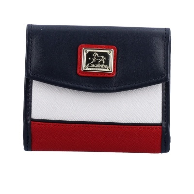 Carteira Cavalinho em pele sintética azul escuro, branco e vermelho com placa metálica frontal