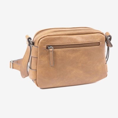 Mala castanho claro tipo pochete com fecho zip frontal e alça ajustável