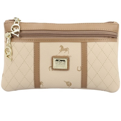 Carteira bege com padrão de losangos e detalhes em couro castanho claro com placa metálica