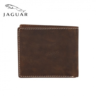 Carteira de pele castanha com costura branca e logo Jaguar