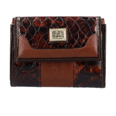 Carteira castanha com textura pele de crocodilo e placa metálica com logótipo Cavalinho