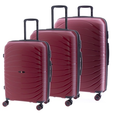 Conjunto de três malas rígidas bordô com alças extensíveis e rodas