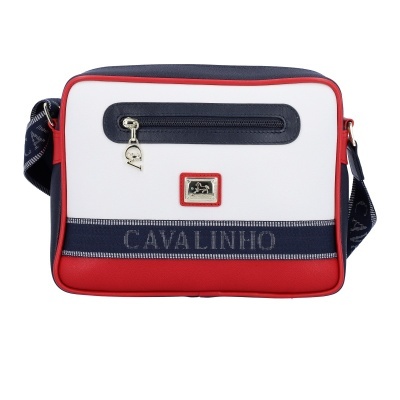 Mala de ombro branco, azul e vermelho com logo Cavalinho e bolso frontal