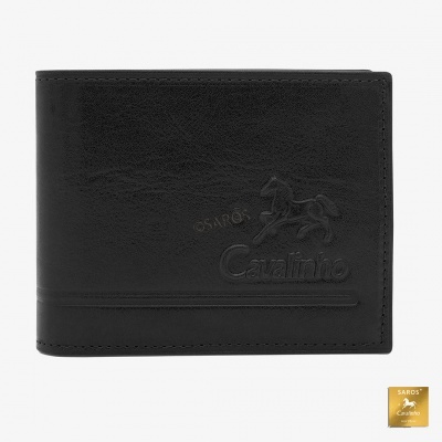 Carteira preta de couro com gravação em relevo de cavalo e texto 'SAROS Cavalinho'