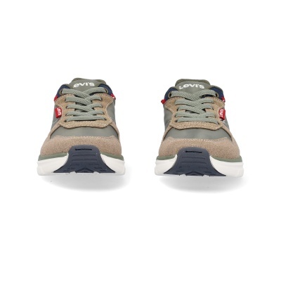 Par de ténis Levis bege, cinzento e azul com atacadores e sola branca