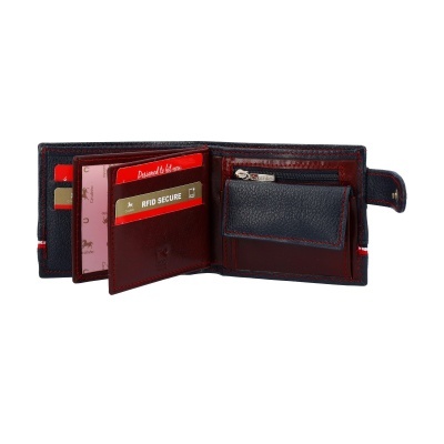 Carteira masculina em pele azul e castanha aberta mostrando compartimentos e cartões.