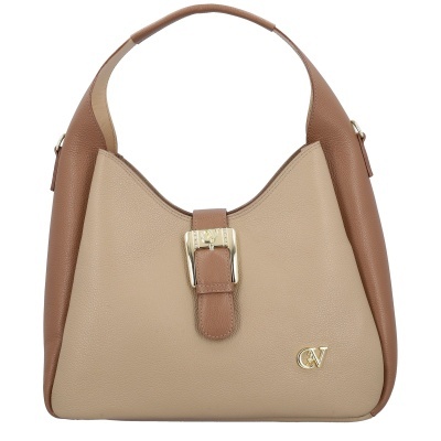 Mala de ombro bege e castanha em pele com fecho de fivela dourada e logótipo CV