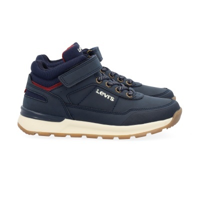 Ténis altos de criança azul escuro com sola branca e castanha e marca LEVIS