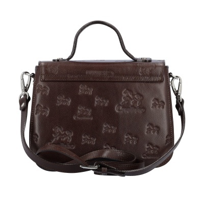 Mala castanha de pele com padrão em relevo de cães e alça tiracolo