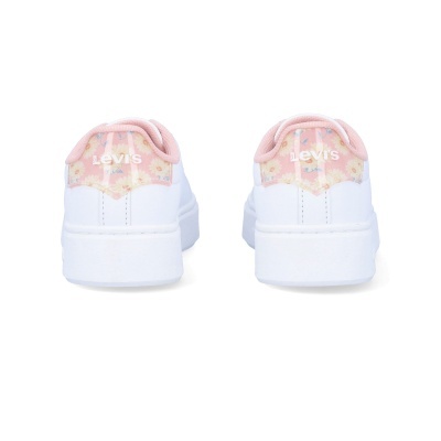 Ténis brancos com detalhes rosa e padrão floral, vista de trás com texto LEVIS