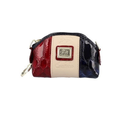 Carteira pequena com placa dourada e três cores: vermelha, bege e azul escuro.