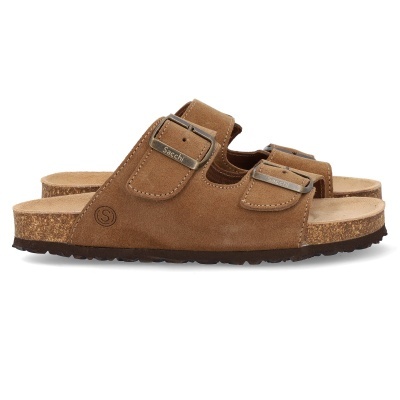 Sandálias castanhas com duas fivelas metálicas e sola de cortiça