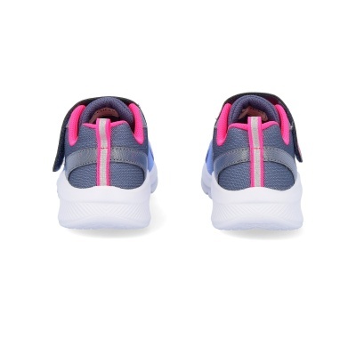 par de sapatilhas desportivas azul escuro e cinza com detalhes rosa vista traseira