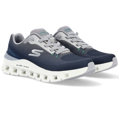 Ténis desportivos Skechers azul escuro e cinzento com sola branca e texto GLIDE-STEP