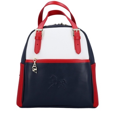 Mochila bicolor azul, branco e vermelho com alças vermelhas e pendente metálico