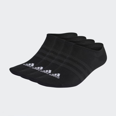 Quatro pares de meias invisíveis pretas da adidas com riscas e logótipo branco.