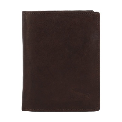 Carteira masculina de couro castanho escuro com textura lisa e costura visível