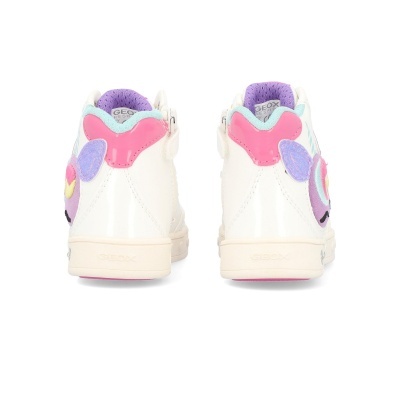 Sapatilhas brancas com detalhes coloridos e sola branca, vista traseira.